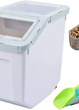 Dog Food Storage Container Airtight Box Cyan,10kg Bulk Dry Food Grain Storage Barrels Sealed Bucket,Pets Food Bin with Seal Locking Lid, Wheels,Measuring Cup,1pcs Scoops(Random Color)