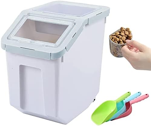 Dog Food Storage Container Airtight Box Cyan,10kg Bulk Dry Food Grain Storage Barrels Sealed Bucket,Pets Food Bin with Seal Locking Lid, Wheels,Measuring Cup,1pcs Scoops(Random Color)