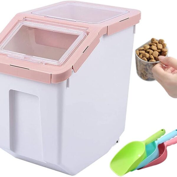 Dog Food Storage Container Airtight Box Pink,10kg Bulk Dry Food Grain Storage Barrels Sealed Bucket,Pets Food Bin with Seal Locking Lid, Wheels,Measuring Cup,1pcs Scoops(Random Color)