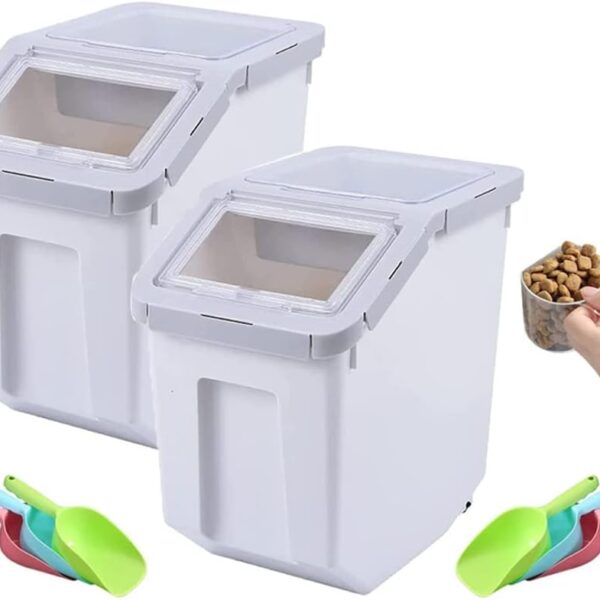 2Pcs Dog Food Storage Container Airtight Box Grey,10kg Bulk Dry Food Grain Storage Barrels Sealed Bucket,Pets Food Bin with Seal Locking Lid, Wheels,Measuring Cup,1pcs Scoops(Random Color)