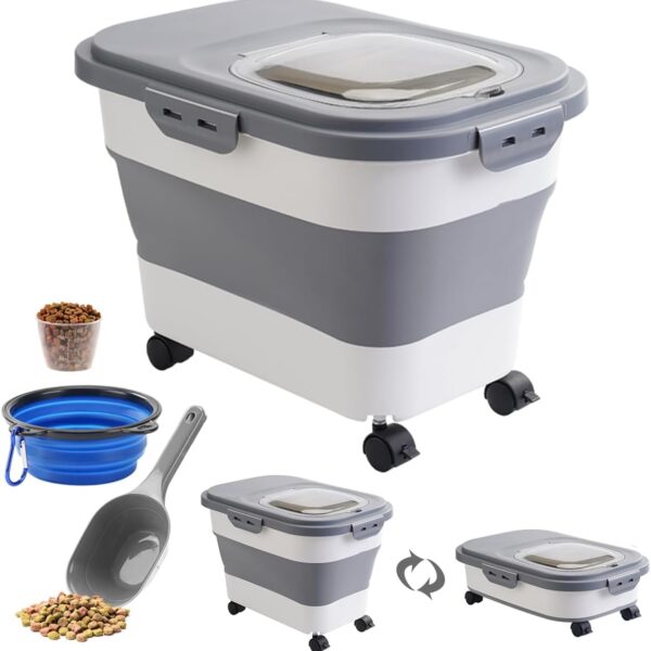 18 LB Grey Dog Food Storage Container with Rolling Wheel, Collapsible Dog Food Container with Travel Silicone Bowl and Scoop, Folding Cat Food Container Kitchen Rice Storage