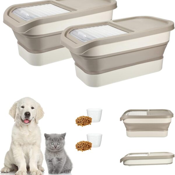 Set of 2 Pet Food Storage Container with Measuring Cups 22 LB Dog Food Container Large Airtight Food Bin for Cat Treats Dry Rice Cereal Flour Kitchen (White)