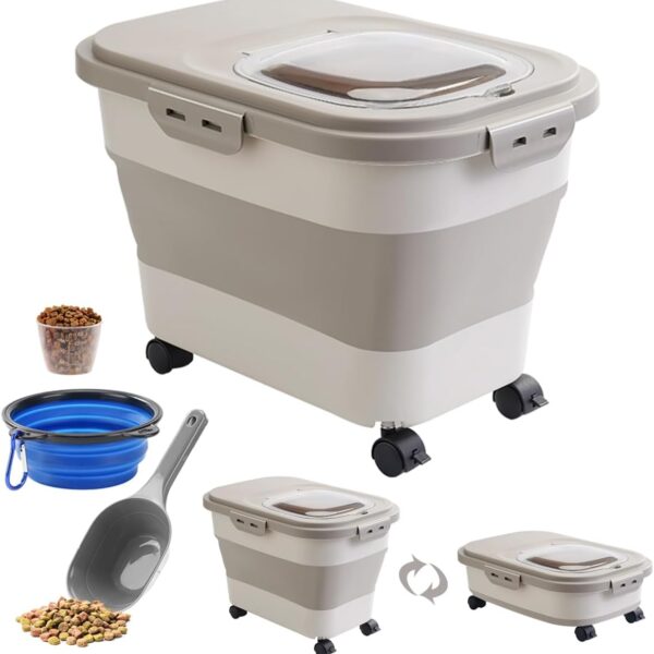 18 LB Khaki Dog Food Storage Container with Rolling Wheel, Collapsible Dog Food Container with Travel Silicone Bowl and Scoop, Folding Cat Food Container Kitchen Rice Storage