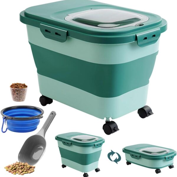 18 LB Green Dog Food Storage Container with Rolling Wheel, Collapsible Dog Food Container with Travel Silicone Bowl and Scoop, Folded Cat Food Container Kitchen Rice Storage