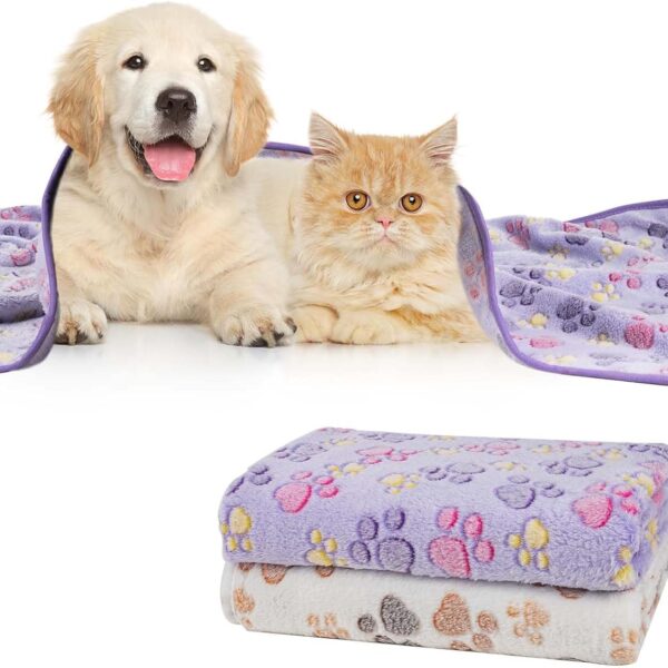 1 Pack 2 Dog Blankets, Soft Fluffy Fleece Pet Blanket Warm Sleep Mat Paw Print Design Puppy Kitten Throw Blankets Doggy Blanket for Dogs