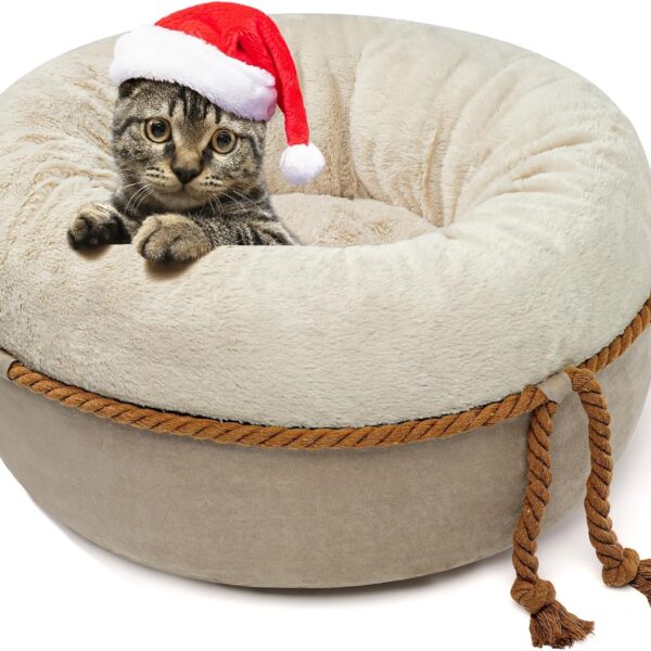 Cat Beds for Indoor Cats - Donut Washable Small Pet Bed, 22 inches Anti-Slip Round Fluffy Plush Large Cat Bed, Warm and Thicked Dog Bed, Light Brown