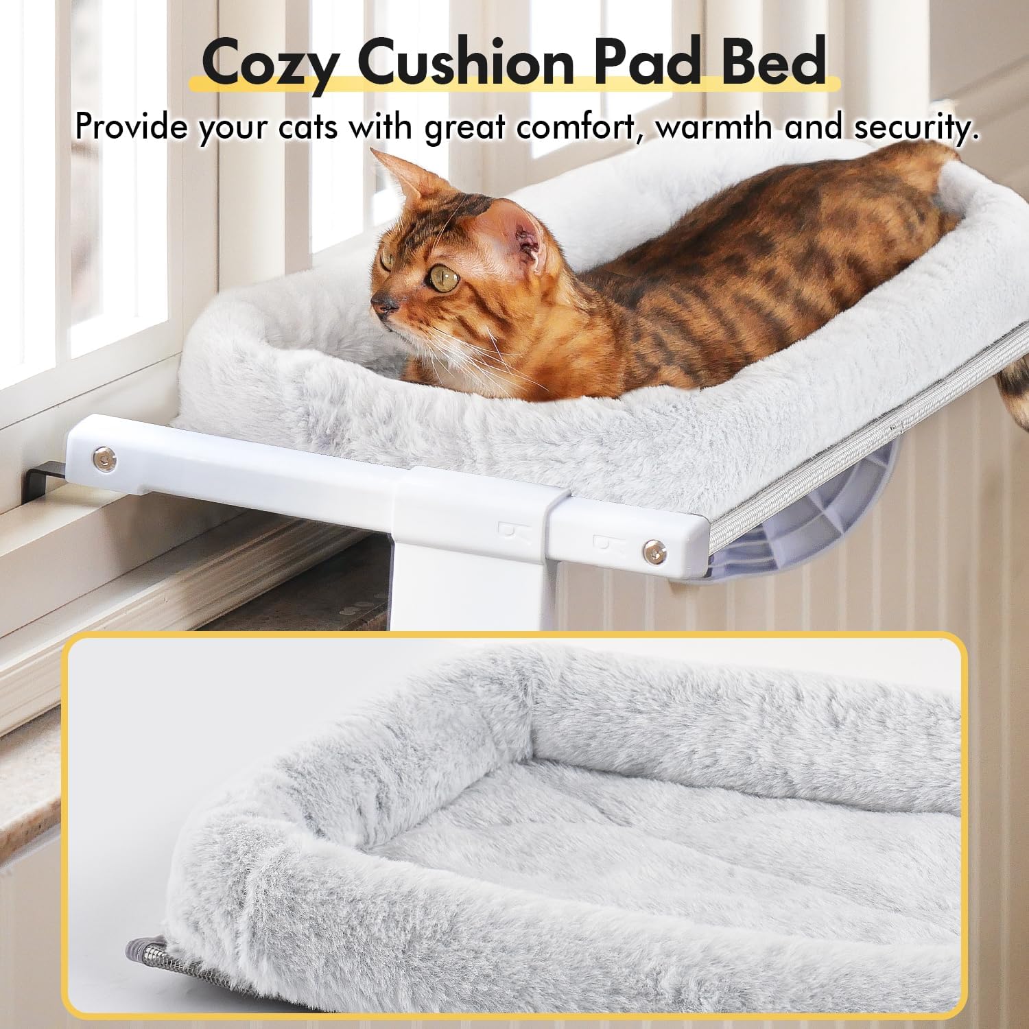 Window Sill Mount Cat Perch for Indoor Cats, One-Step Sliding Clamping Slot Adjustment Cat Hammock with Removable Two Fabrics Cover, No Suction Cups Cat Beds for Windowsill & Bedside(L-Pad Bed) - Image 2