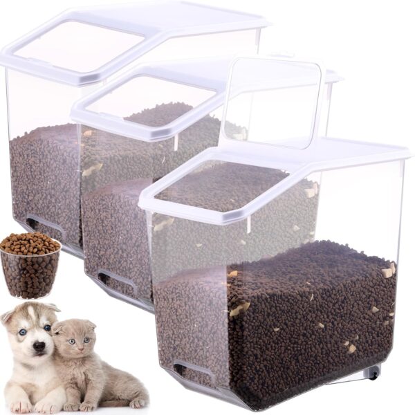 3 Pcs Airtight Dog Food Storage Container with Wheels and Measuring Cup 39 Lbs/18.7 Qt Rolling Cat Food Storage Container with Lid and Seal Buckles Pet Food Bin Dispenser for Dogs Cats
