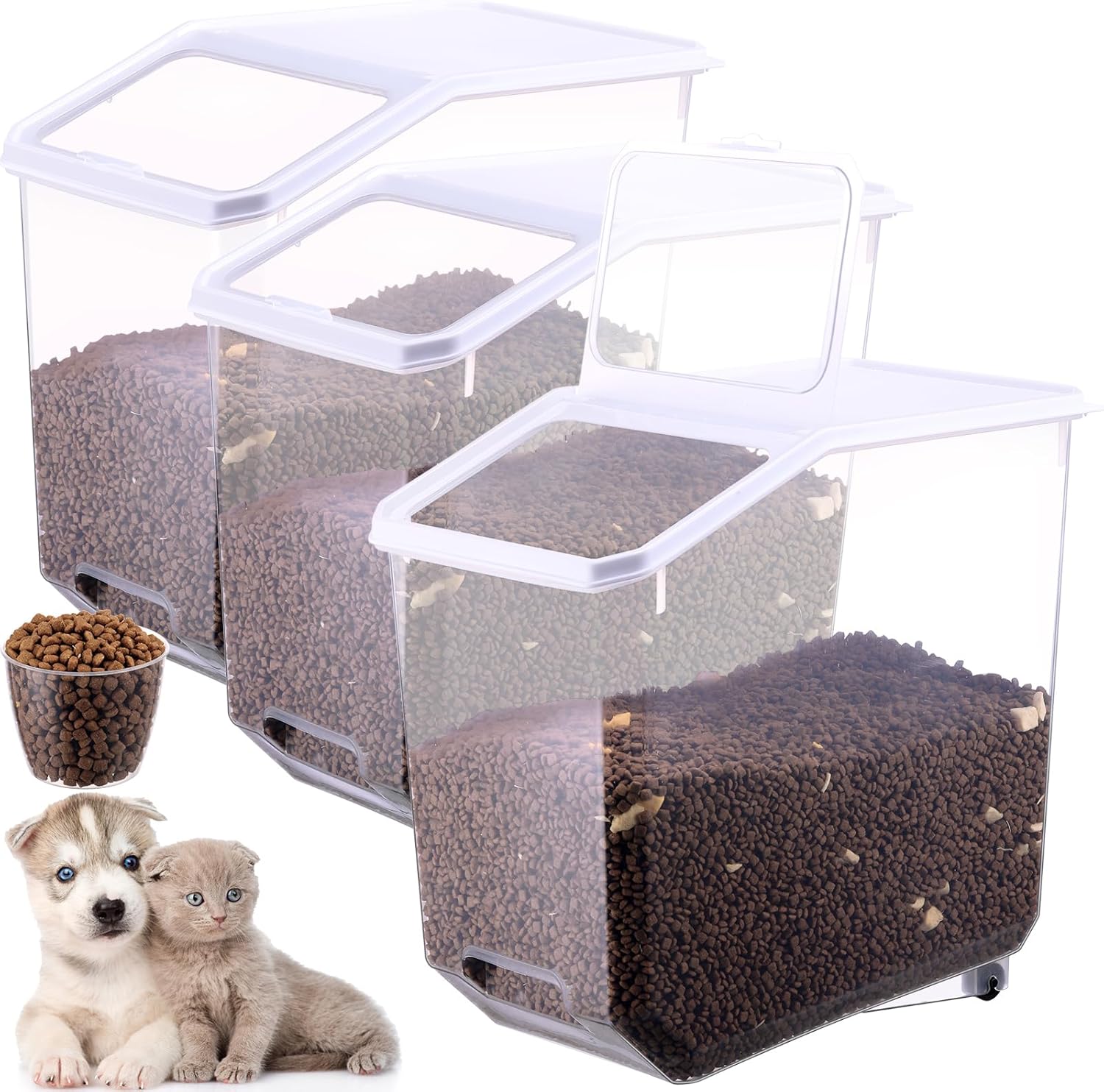 3 Pcs Airtight Dog Food Storage Container with Wheels and Measuring Cup 39 Lbs/18.7 Qt Rolling Cat Food Storage Container with Lid and Seal Buckles Pet Food Bin Dispenser for Dogs Cats