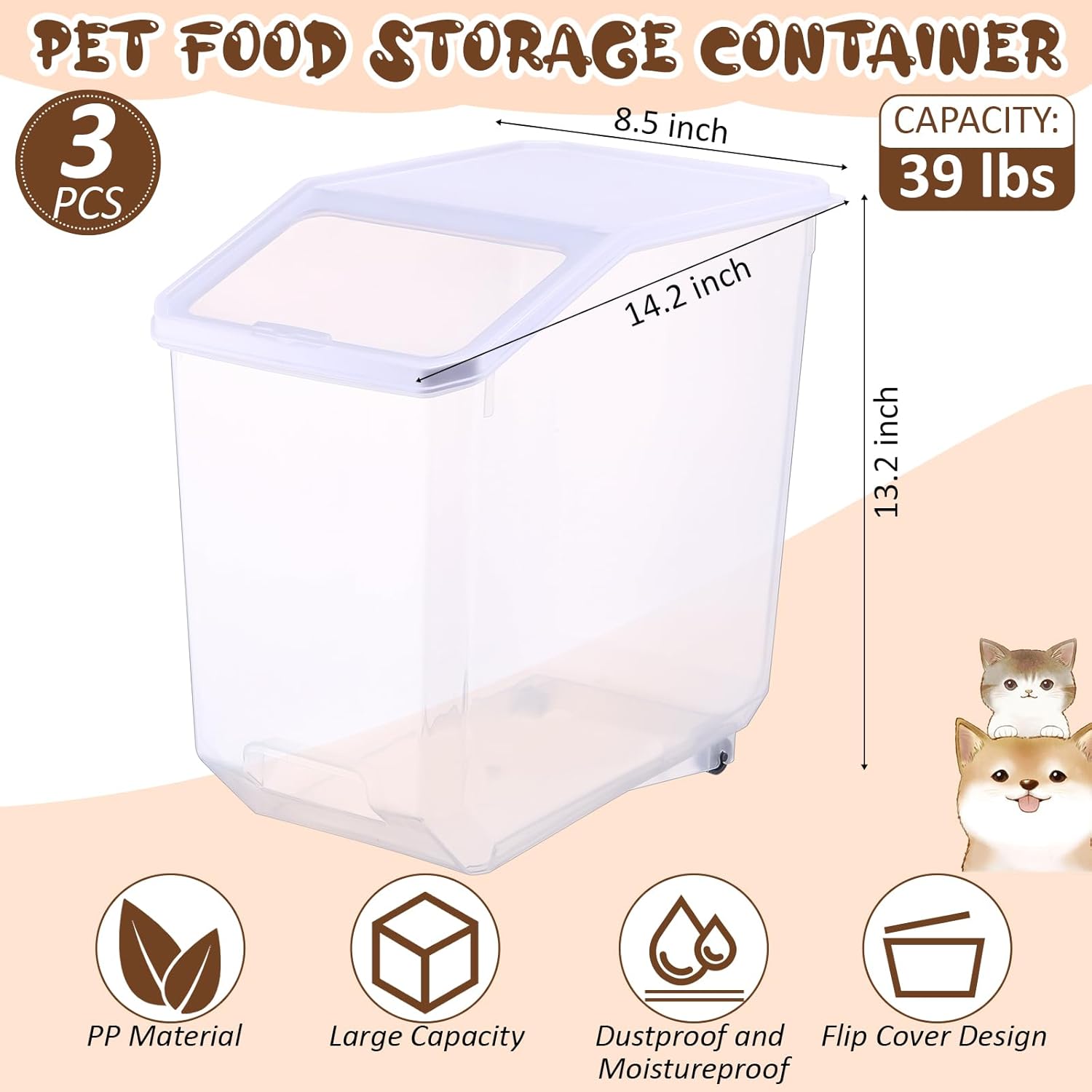 3 Pcs Airtight Dog Food Storage Container with Wheels and Measuring Cup 39 Lbs/18.7 Qt Rolling Cat Food Storage Container with Lid and Seal Buckles Pet Food Bin Dispenser for Dogs Cats - Image 2