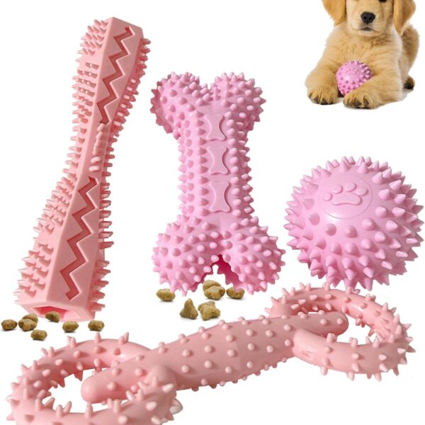 4 Pack Puppy Toys for 2-8 Months Pets Dog Chew Toy for Small Puppies Teething Toys for Cleaning Teeth Food Dispensing Soft Durable Rubber Bone Funny Ball Interactive Donut Treat Dumbbell (Pink)