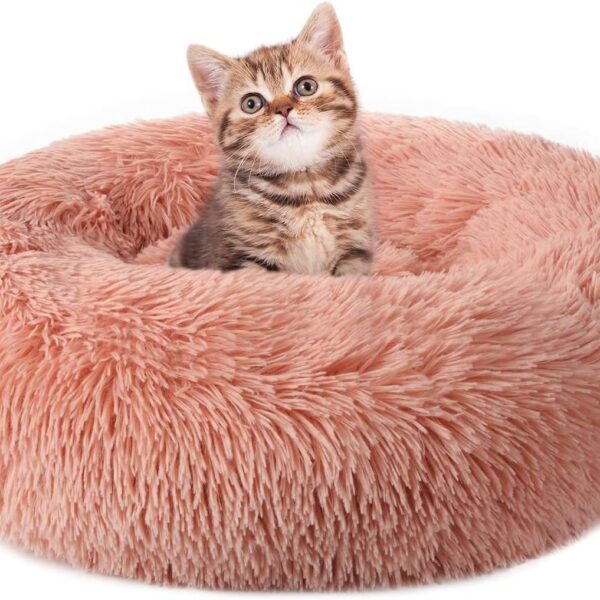 Cat Beds for Indoor Cats, 20 inches Cat Bed Machine Washable, Fluffy Round Pet Bed Non-Slip, Calming Soft Plush Donut Cuddler Cushion Self Warming for Small Dogs Kittens, Light Pink, Medium