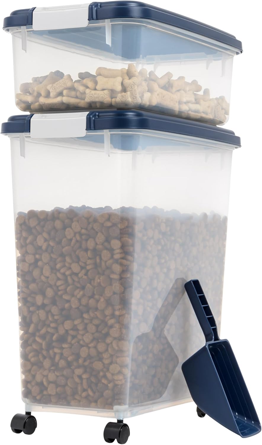 3-Piece 54 Lbs / 60 Qt Airtight Pet Food Storage Container Combo with Scoop and Treat Box for Dog Cat and Bird Food, Stackable, Keep Fresh, Translucent Body, BPA Free, Navy