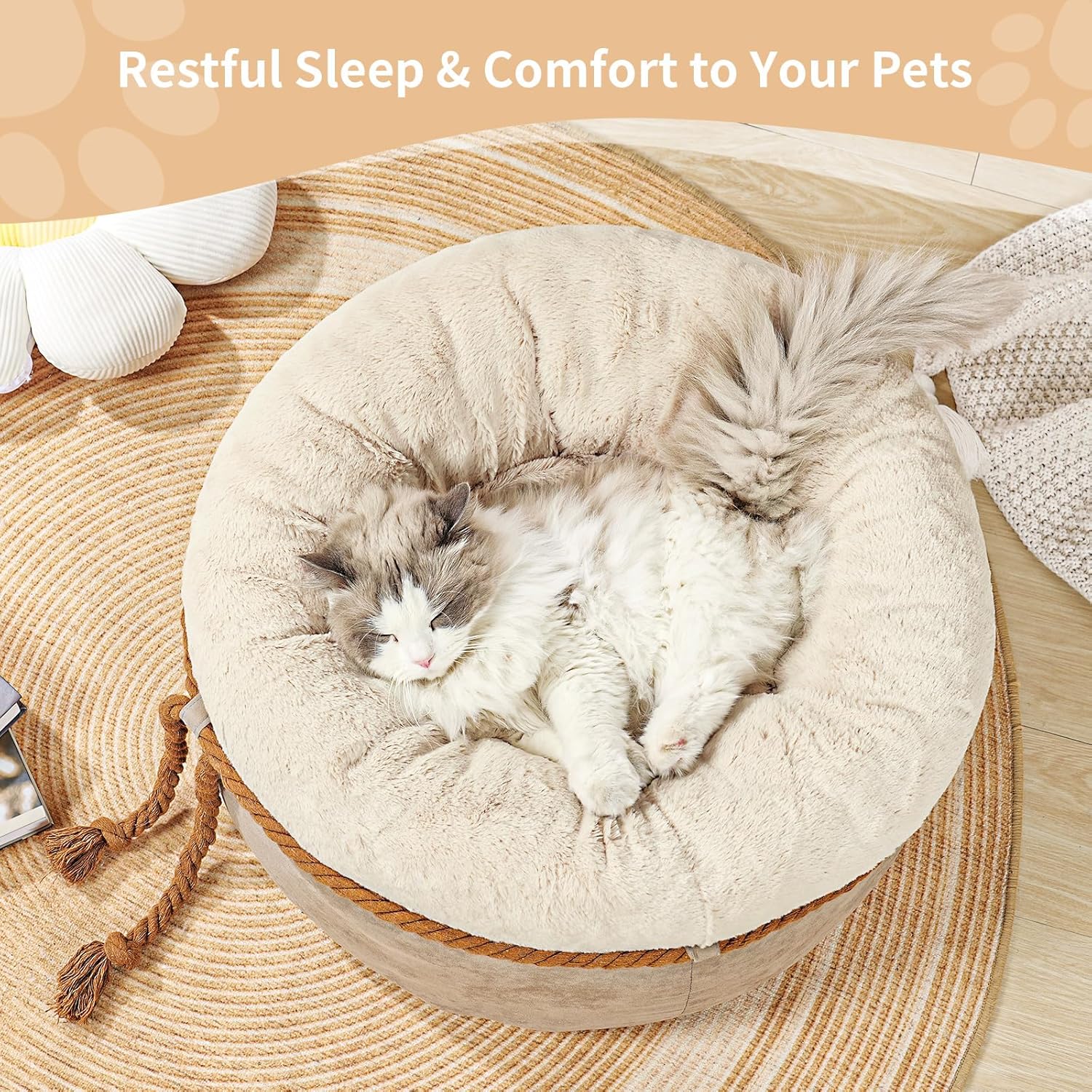 Cat Beds for Indoor Cats - Donut Washable Small Pet Bed, 22 inches Anti-Slip Round Fluffy Plush Large Cat Bed, Warm and Thicked Dog Bed, Light Brown - Image 2