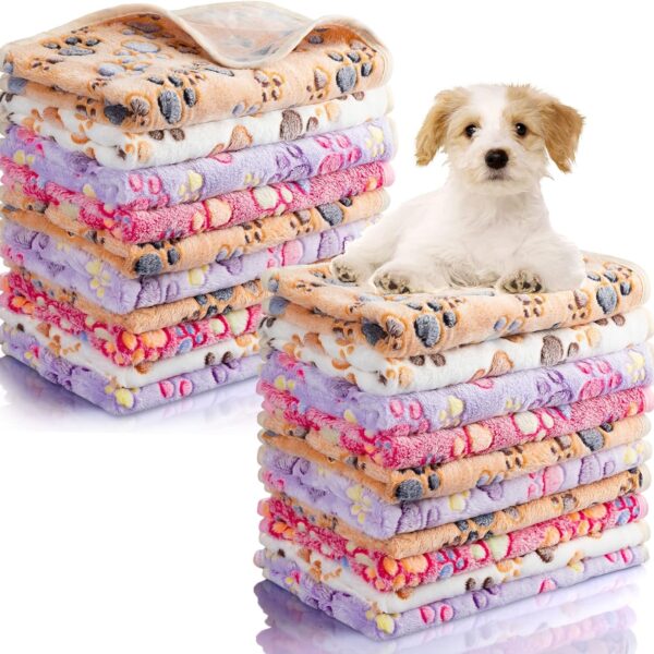 40 Pcs Blankets Soft Fluffy Fleece Washable Pet Dog Sleep mat Paw Print Pattern Fleece Blankets for Pets Throw Warm Bed Mat for Dog Puppy Cat(24 x 16 Inch,Pink, White, Brown, Purple)