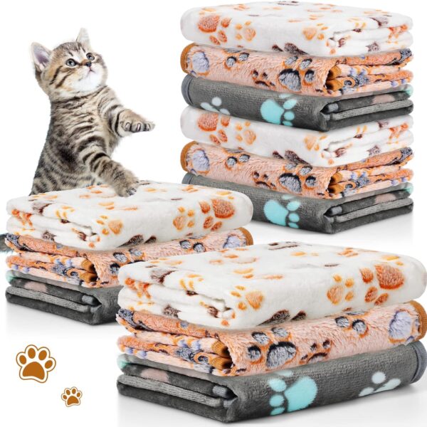 12 Pieces Pet Blanket Soft Fleece Dog Fluffy Doggie Warm Felt Throw Spring Cute Paw Print Puppy Kitten Sleep Mat Bed Covers for Cat(23 x 16 Inch,Dark Gray, White, Camel)