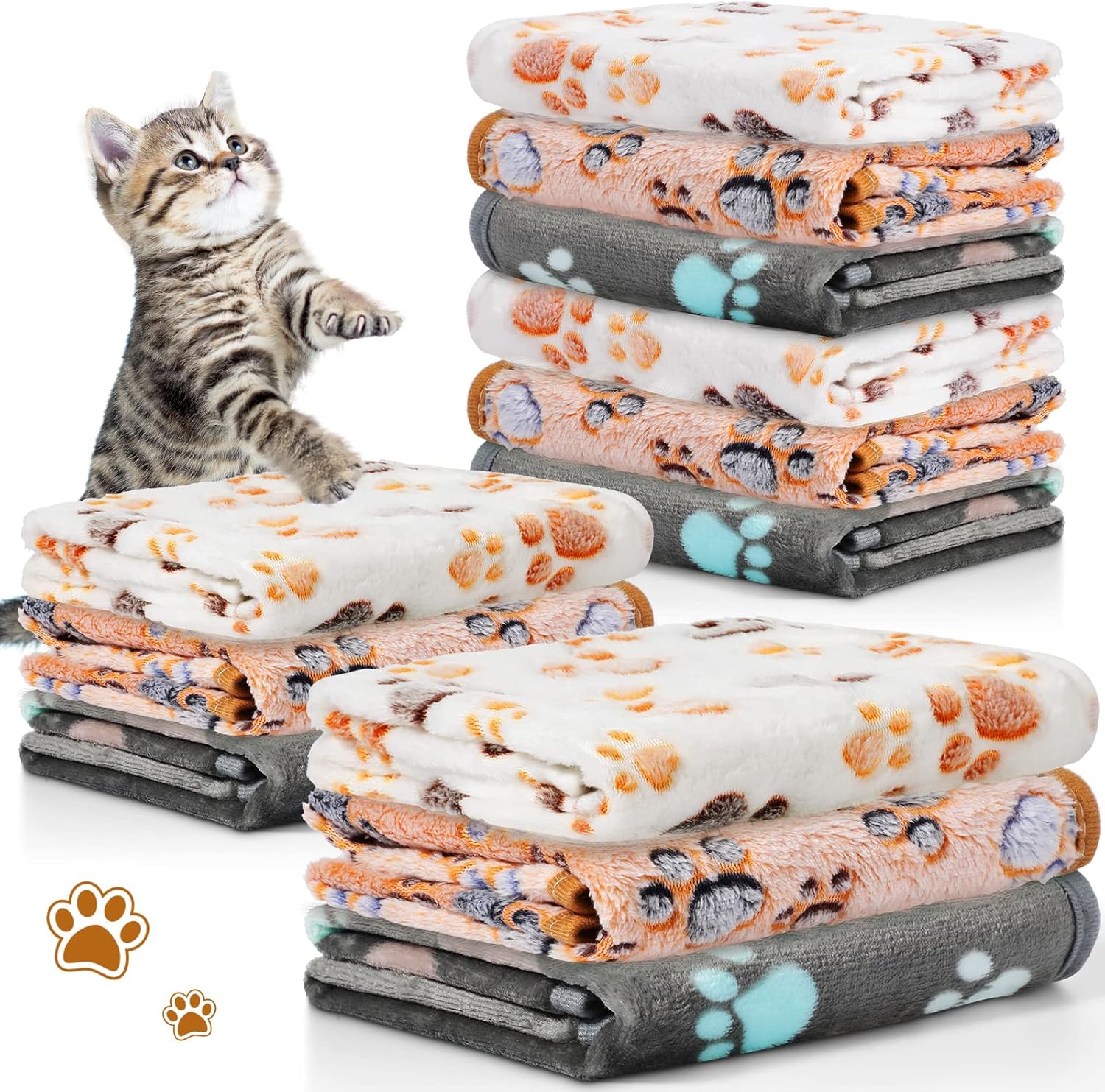 12 Pieces Pet Blanket Soft Fleece Dog Fluffy Doggie Warm Felt Throw Spring Cute Paw Print Puppy Kitten Sleep Mat Bed Covers for Cat(23 x 16 Inch,Dark Gray, White, Camel)