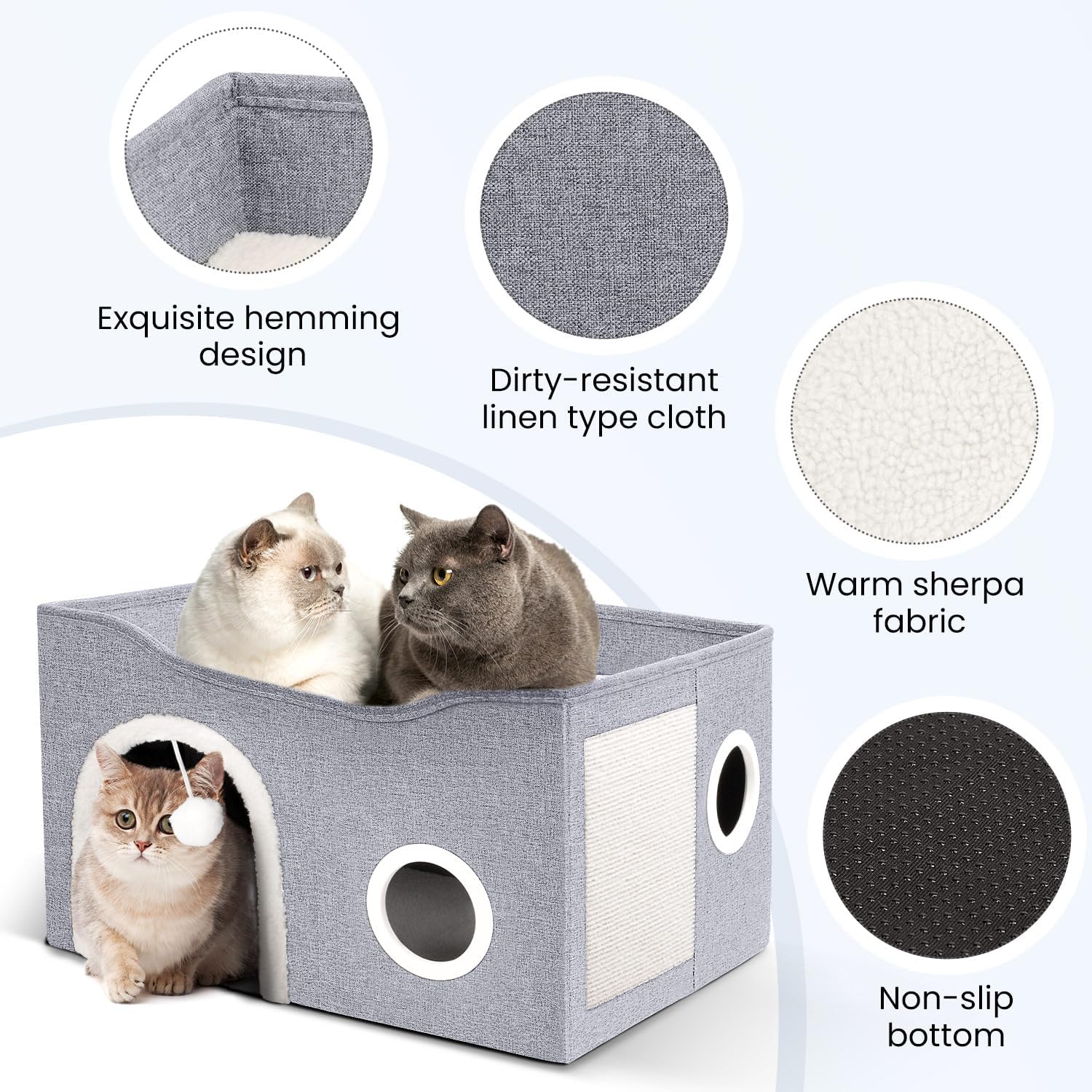 Cat House for Indoor Cats - Large Cat Bed Cave with Fluffy Ball and Scratch Pad, Foldable Cat Condos, Cat Cubes, Cat Hideaway, Covered Cat Bed - Image 2