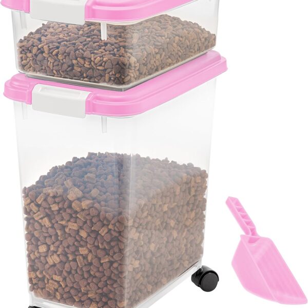 3-Piece 41 Lbs / 45 Qt  Airtight Pet Food Storage Container Combo with Scoop and Treat Box for Dog Cat and Bird Food, Keep Fresh, Translucent Body, Easy Mobility, Pink