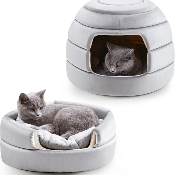 Cat Bed and House, 2-in-1 Foldable Cat Houses for Indoor Cats, Soft Velvet Cat Cave, Removable and Washable Cushion, Cat Condo for All-Season Comfort and Style