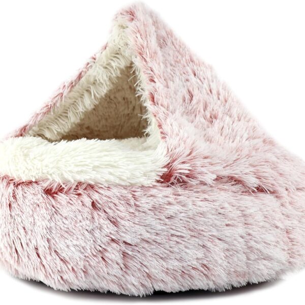 Plush Calming Dog Bed & Covered Cat Bed Cave - Soft Warm Cozy and Fluffy Round Donut Pet Bed for Puppies and Kittens up to 15 lbs(16",Pink)