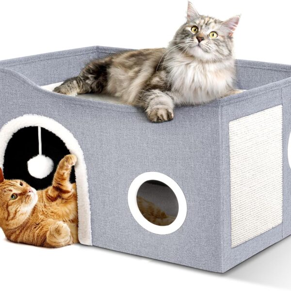 Cat House for Indoor Cats - Large Cat Bed Cave with Fluffy Ball and Scratch Pad, Foldable Cat Condos, Cat Cubes, Cat Hideaway, Covered Cat Bed